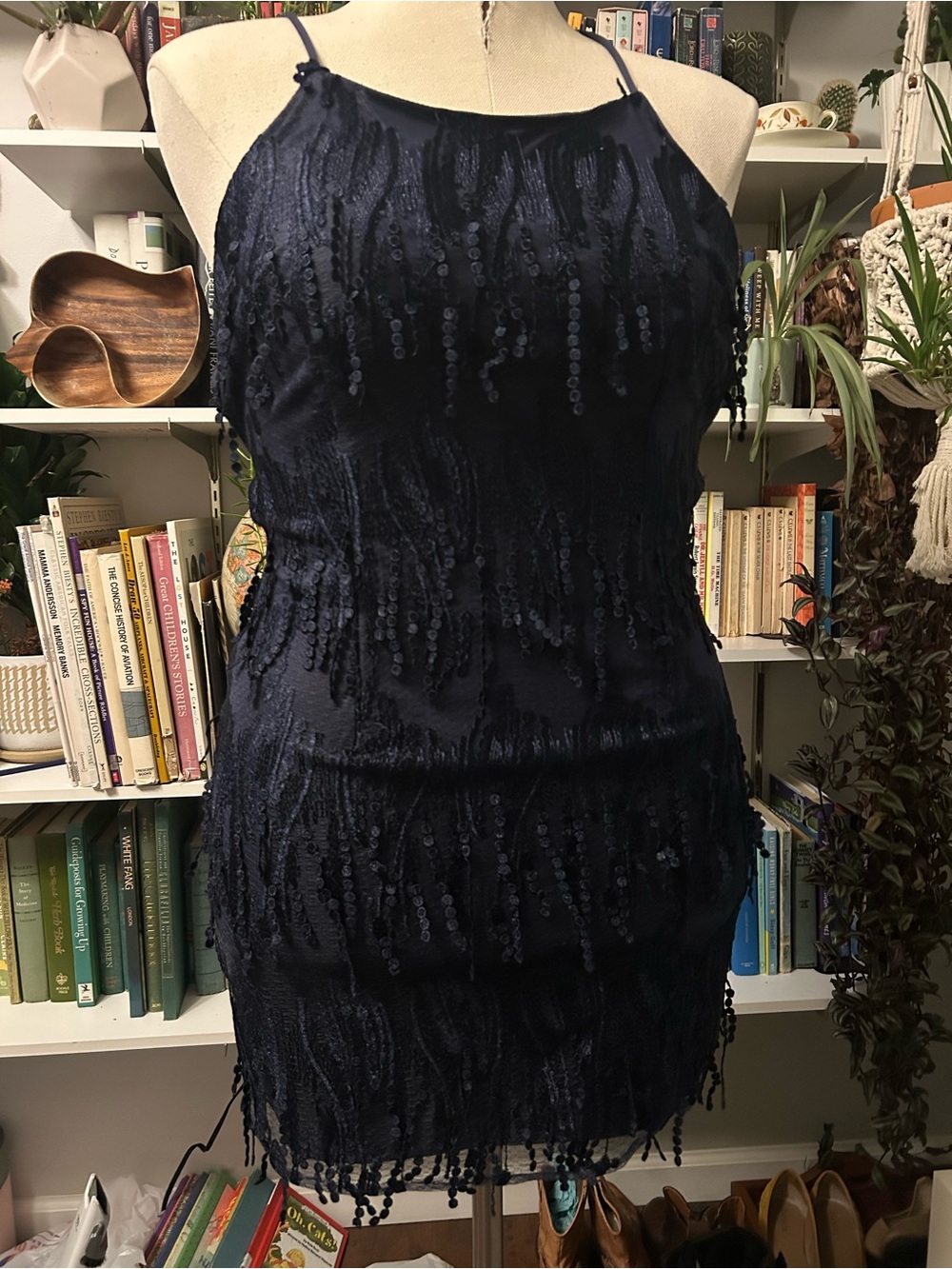 Lulu's Navy Beaded Fringe Slip Dress
